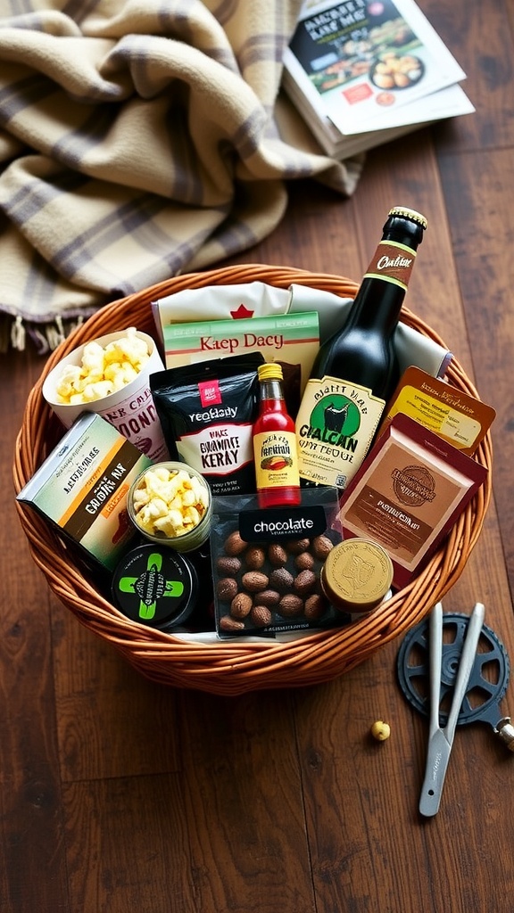 A decorative gift basket filled with snacks including popcorn, jerky, chocolates, and beer on a wooden table.